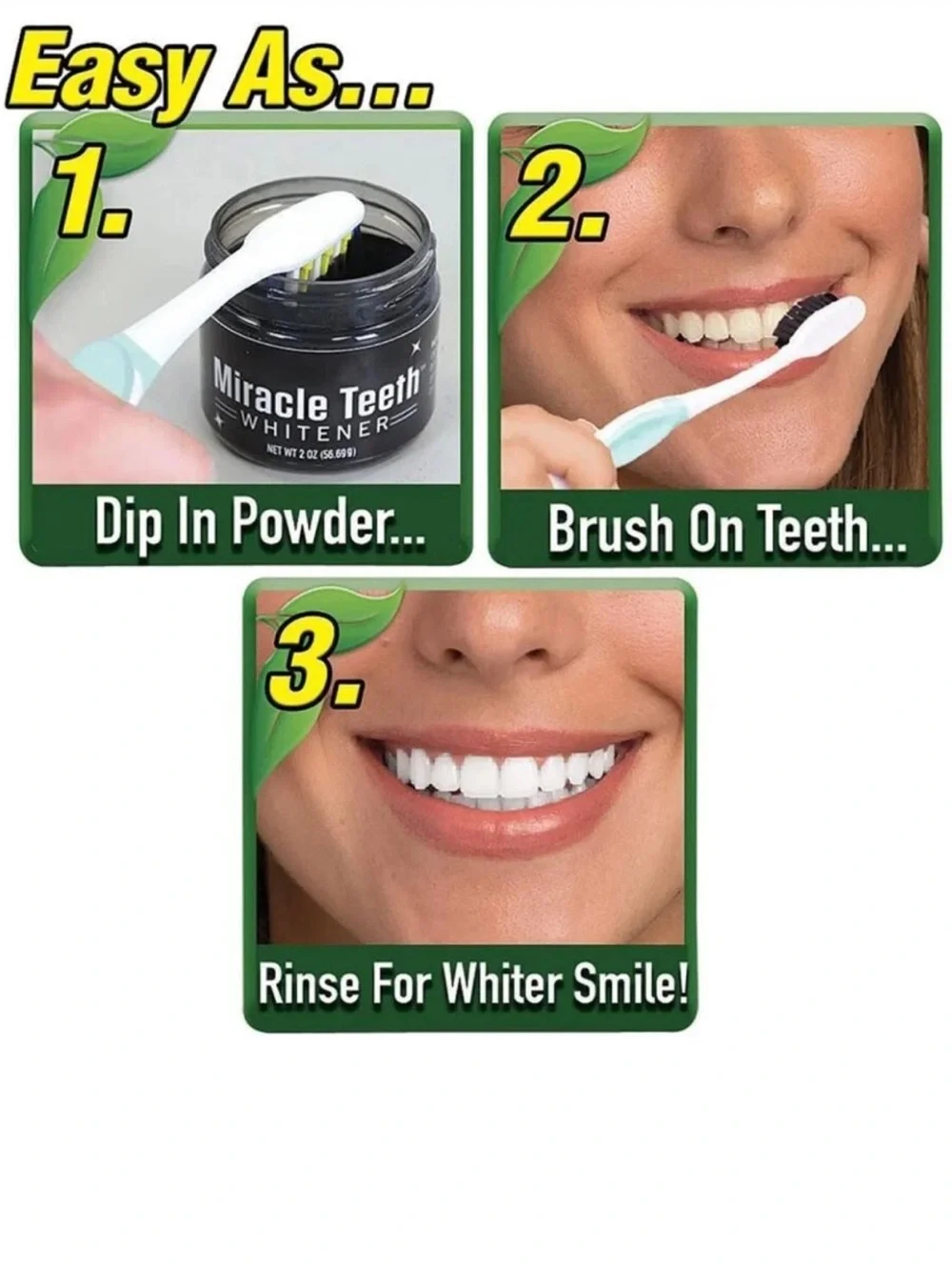 MIRACLE TEETH WHITENER ACTIVATED COCONUT CHARCOAL POWDER.